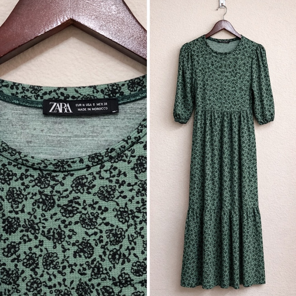 ZARA Cottagecore Green Floral Midi Dress
